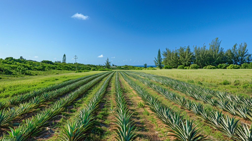 An aerial view of the expansive Eleuthera pineapple fields under a clear sky near Dunmore Town.