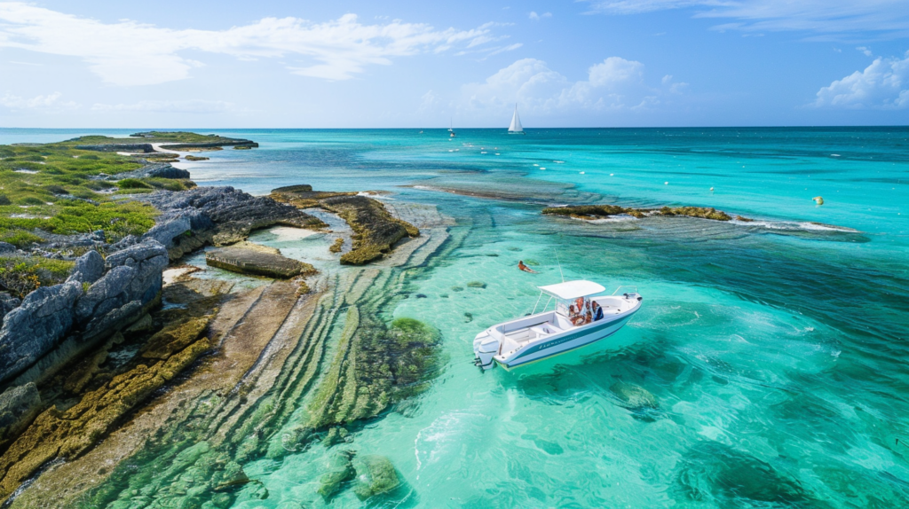 Tourists enjoying a scenic boat tour near small cays with clear waters around Dunmore Town.
