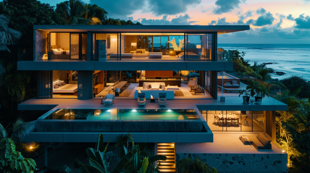 Luxurious beachfront villa with an infinity pool and modern architecture at sunset in Dunmore Town.