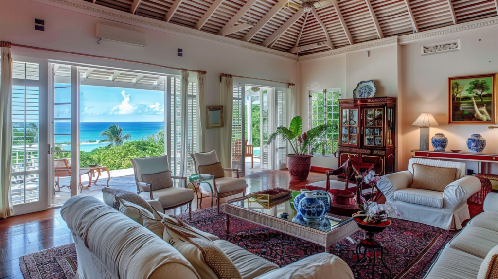 An elegant and spacious interior of a luxury estate rental with ocean views in Dunmore Town.