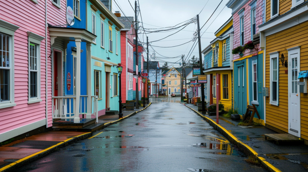 A quiet, colorful street in Dunmore Town during the offseason with minimal tourist activity.
