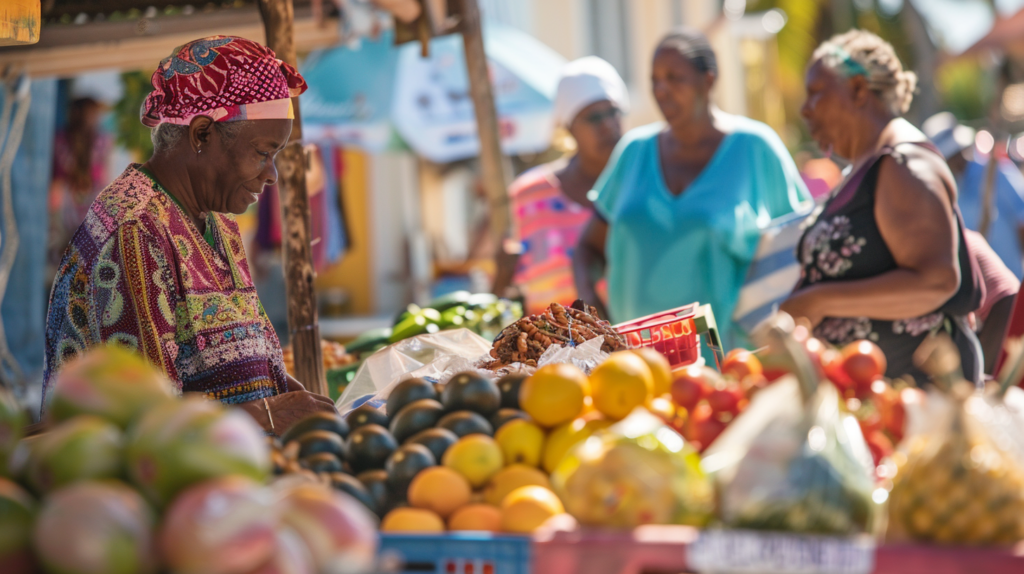 A local market scene with Bahamian vendors selling traditional crafts and food in Dunmore Town.