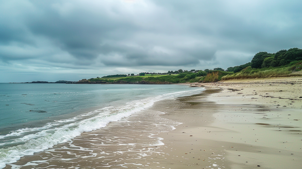A serene, uncrowded beach scene on an overcast day in Dunmore Town, emphasizing peaceful solitude.