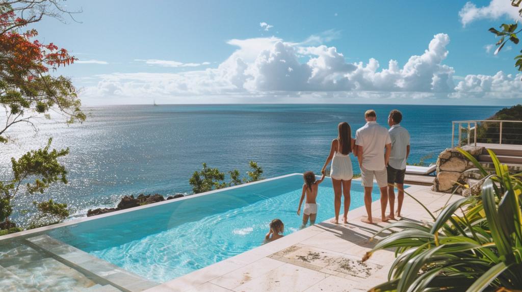 A family enjoying luxury living with a private pool and ocean views in their beachfront villa in Dunmore Town.