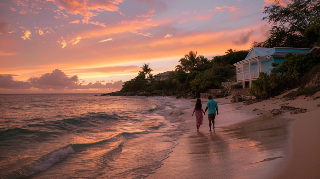 A couple strolls along a private beach at sunset near their romantic bungalow in Dunmore Town.