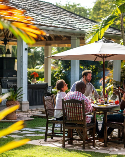 Friends gather for a meal in a large outdoor dining area of a villa, surrounded by lush tropical gardens in Dunmore Town.