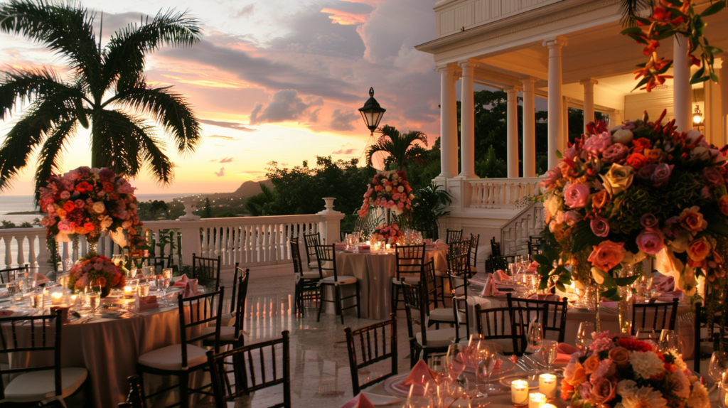 A sunset view from a grand estate with a wedding set up highlighted by elegant decorations and floral arrangements in Dunmore Town.