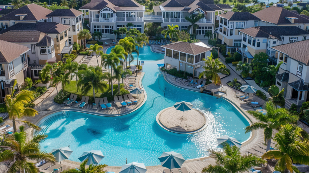 A wide-angle view of a resort complex catering to large groups, featuring pools and ample recreational spaces in Dunmore Town.