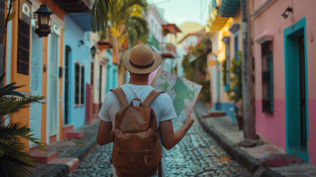 A traveler explores the historic district of Dunmore Town, checking a map on a sunny morning.