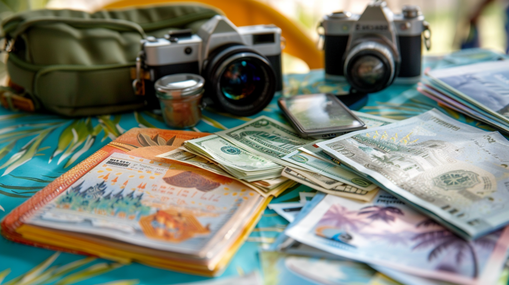 Prepare for a trip to Dunmore Town with Bahamian currency and travel documents, as displayed on this themed table.