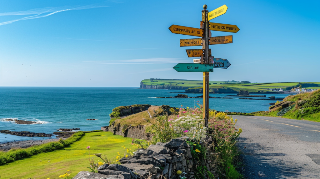 An informative signposts in Dunmore Town directing to various attractions, under a clear blue sky.