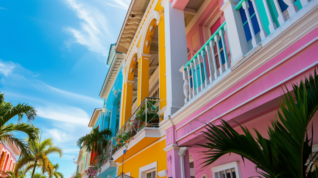 Historic colonial buildings painted in vibrant colors under the midday sun in Dunmore Town.