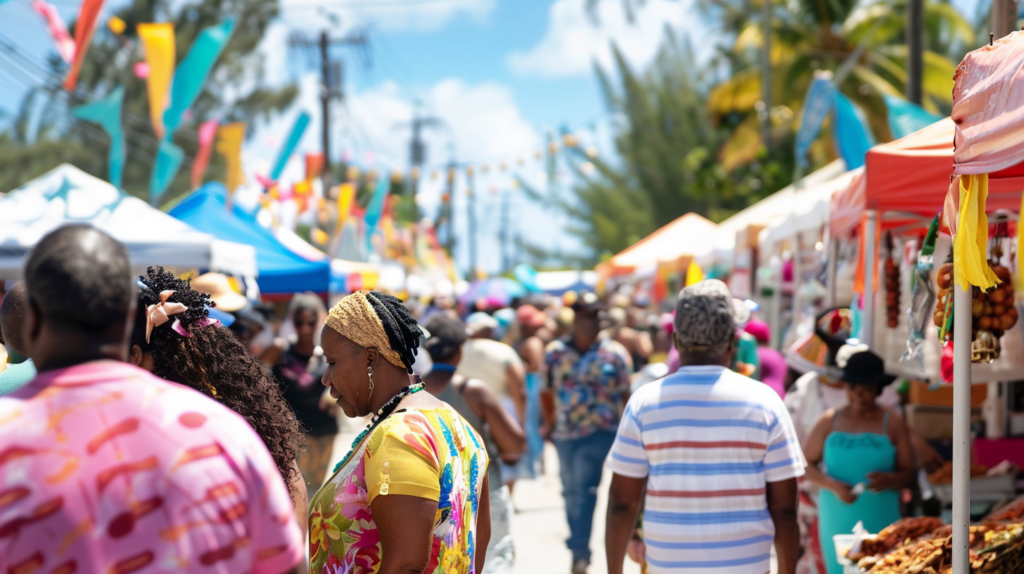 The lively atmosphere at a Bahamian food festival in Dunmore Town, with various local cuisines being served.