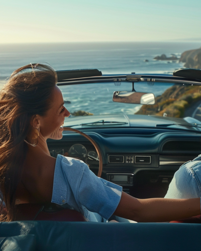 A couple enjoying a scenic drive near Orange Beach with stunning coastal views and vibrant ocean scenery.