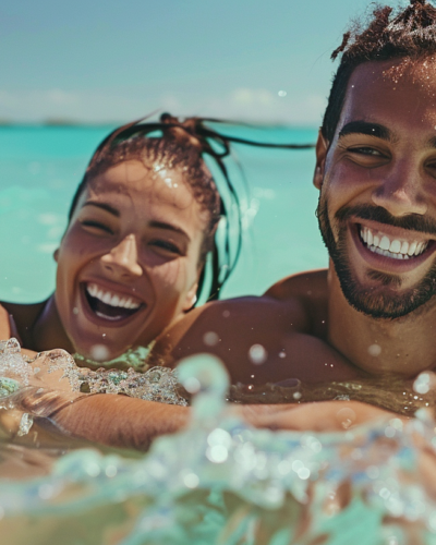A joyful couple splashing in the clear, turquoise waters of Providenciales, Turks and Caicos.