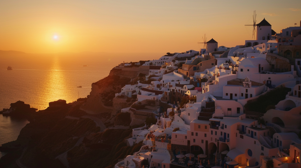 The sunset over the white-washed buildings of Oia, Santorini, with the Aegean Sea in the background and tourists enjoying the view.