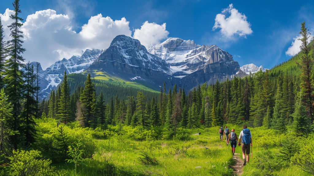 Hikers on a trail in Banff National Park, surrounded by lush greenery and snow-capped mountains.