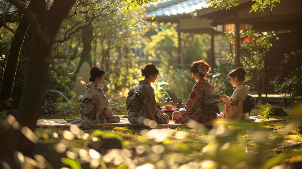 A traditional tea ceremony in a serene Kyoto garden, with participants in kimonos basking in soft sunlight that’s filtered through the trees.