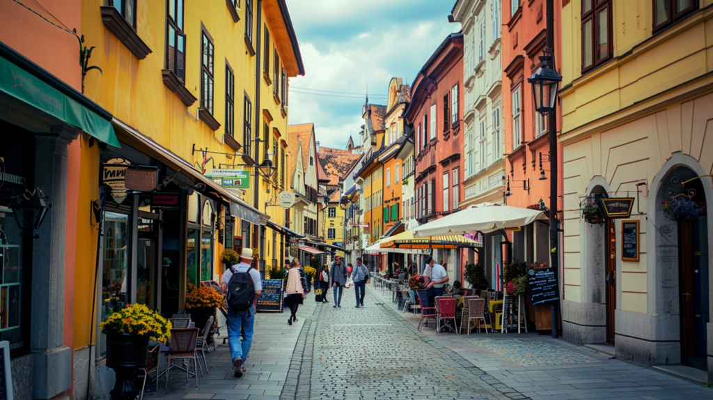 The charming streets of Ljubljana, Slovenia, with colorful buildings and outdoor cafes, people walking and enjoying their day.