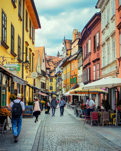 The charming streets of Ljubljana, Slovenia, with colorful buildings and outdoor cafes, people walking and enjoying their day.