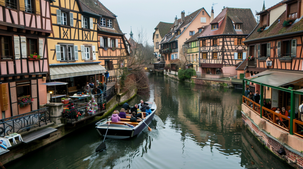 The picturesque canals of Colmar, France, with half-timbered houses reflected in the water, tourists taking boat rides.