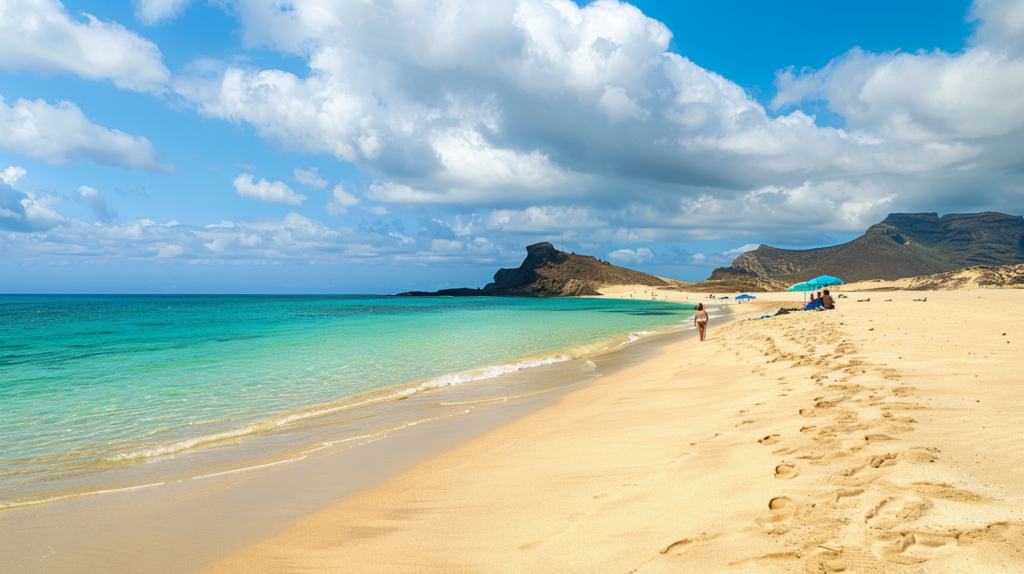 A serene beach on Porto Santo, Portugal, with golden sands and turquoise waters, a few visitors lounging under umbrellas.