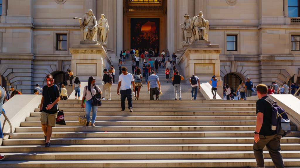 The grand entrance of The Metropolitan Museum of Art in NYC, visitors climbing the steps on a bright sunny day.