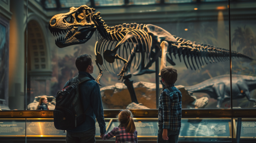 Inside the American Museum of Natural History, a massive dinosaur skeleton exhibit with families and kids looking in awe