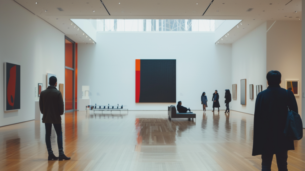 Modern art installations at MoMA, as people observe the art pieces in a minimalist interior design.