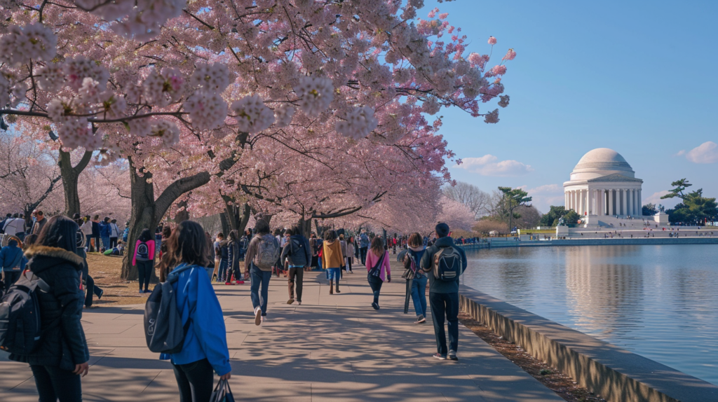 Cherry blossoms in full bloom around the Tidal Basin with the Jefferson Memorial in the background, people walking and taking photos.