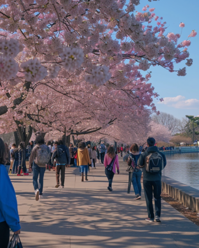 Cherry blossoms in full bloom around the Tidal Basin with the Jefferson Memorial in the background, people walking and taking photos.