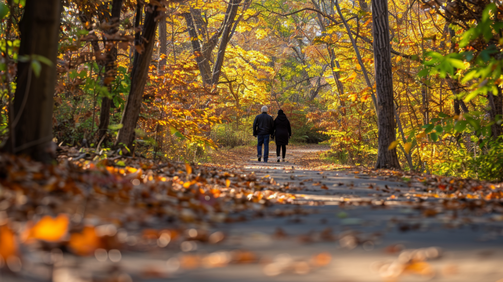 Autumn leaves in Rock Creek Park, a couple walking hand-in-hand on a leafy path with warm sunlight filtering through the trees.