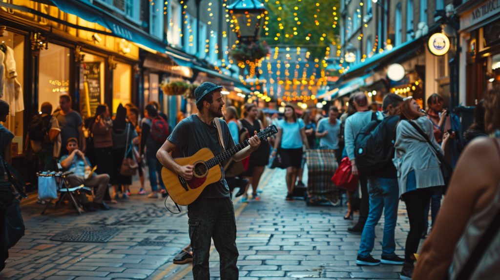 The bustling streets of Covent Garden, London, with street performers and outdoor markets, tourists enjoying the lively atmosphere.