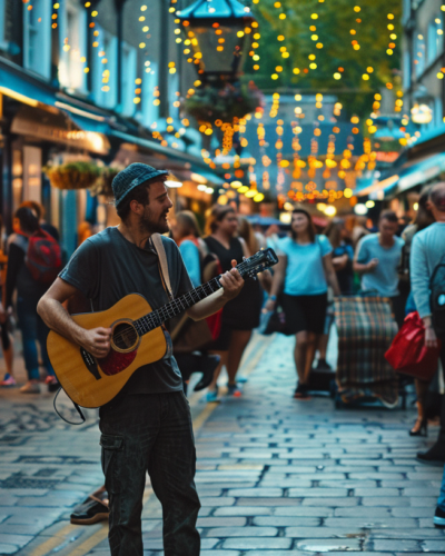 The bustling streets of Covent Garden, London, with street performers and outdoor markets, tourists enjoying the lively atmosphere.