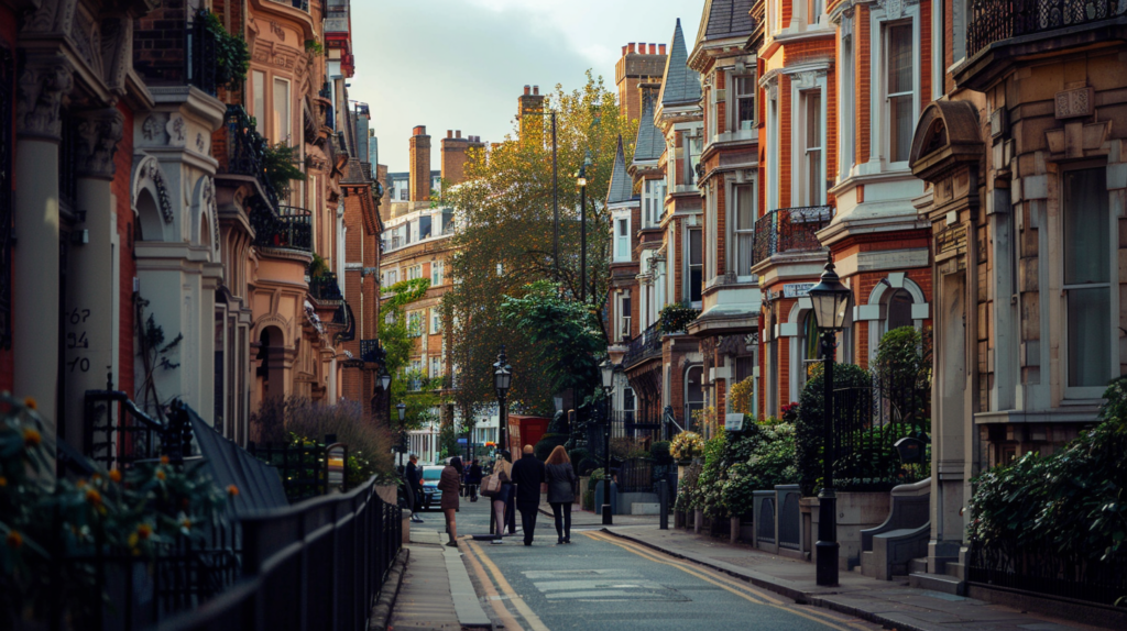 The elegant streets of South Kensington, London, with classic townhouses and people visiting the Natural History Museum.