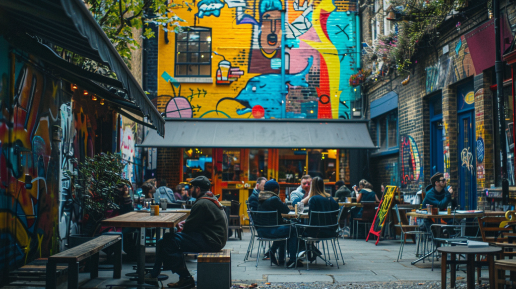 The trendy area of Shoreditch, London, with street art and people at outdoor cafes.