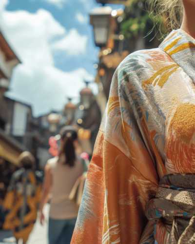 A woman in kimono on busy street in Japan, one of the best places to travel in July