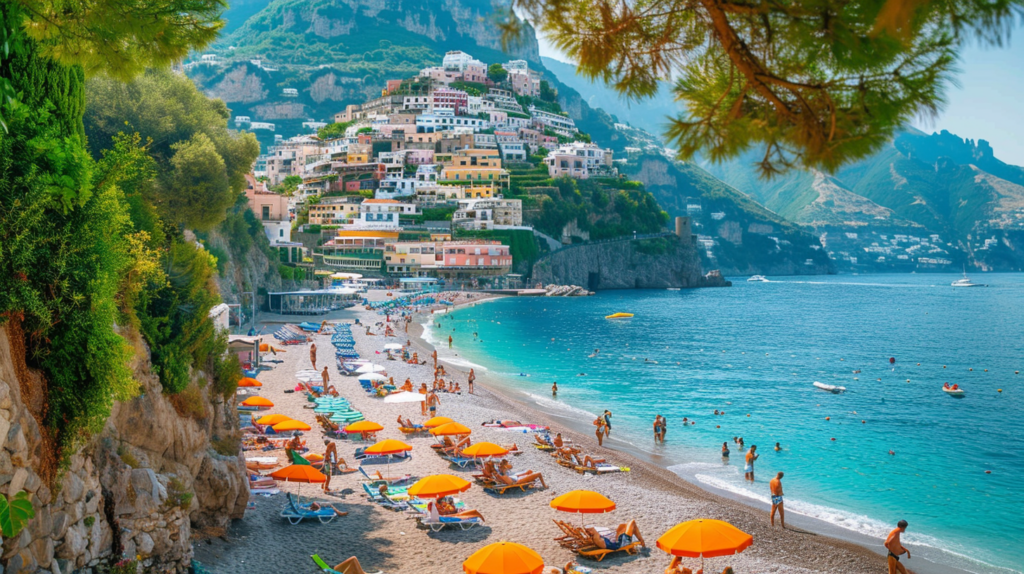 Swimmers and sunbathers at Positano Beach on the Amalfi Coast in Italy