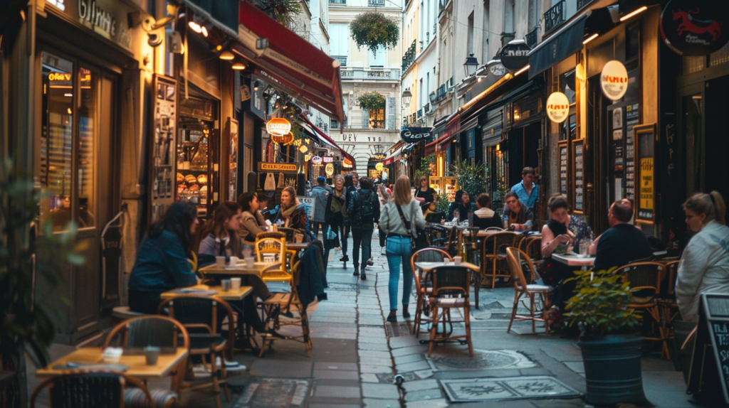 A bustling street in Le Marais in Paris, dotted with chic cafes and restaurants.