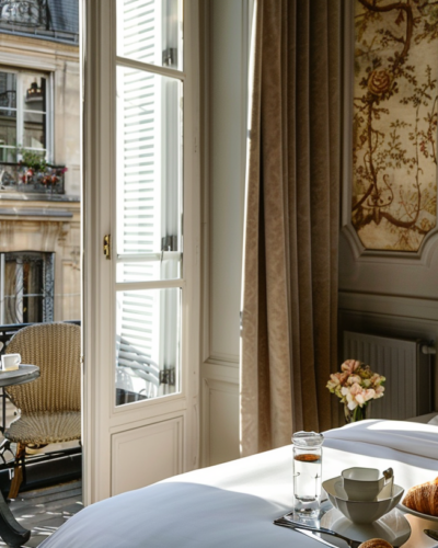 A chic hotel room in Paris with classic French windows opening to a view of the street below