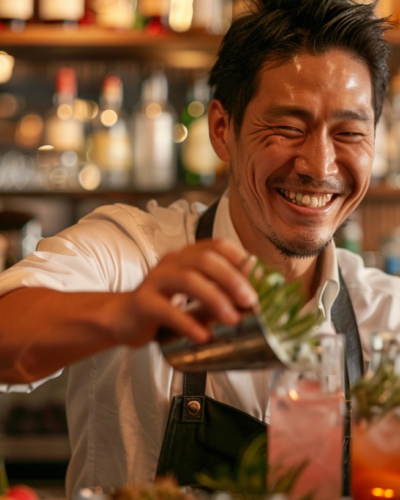 A bartender at Bar BenFiddich, Tokyo, mixing a cocktail with fresh herbs and spices.
